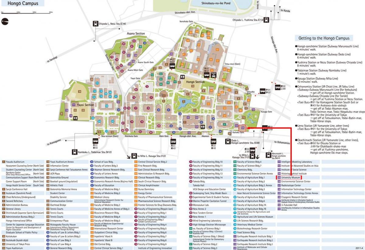 universiteit van Tokyo kaart van de campus